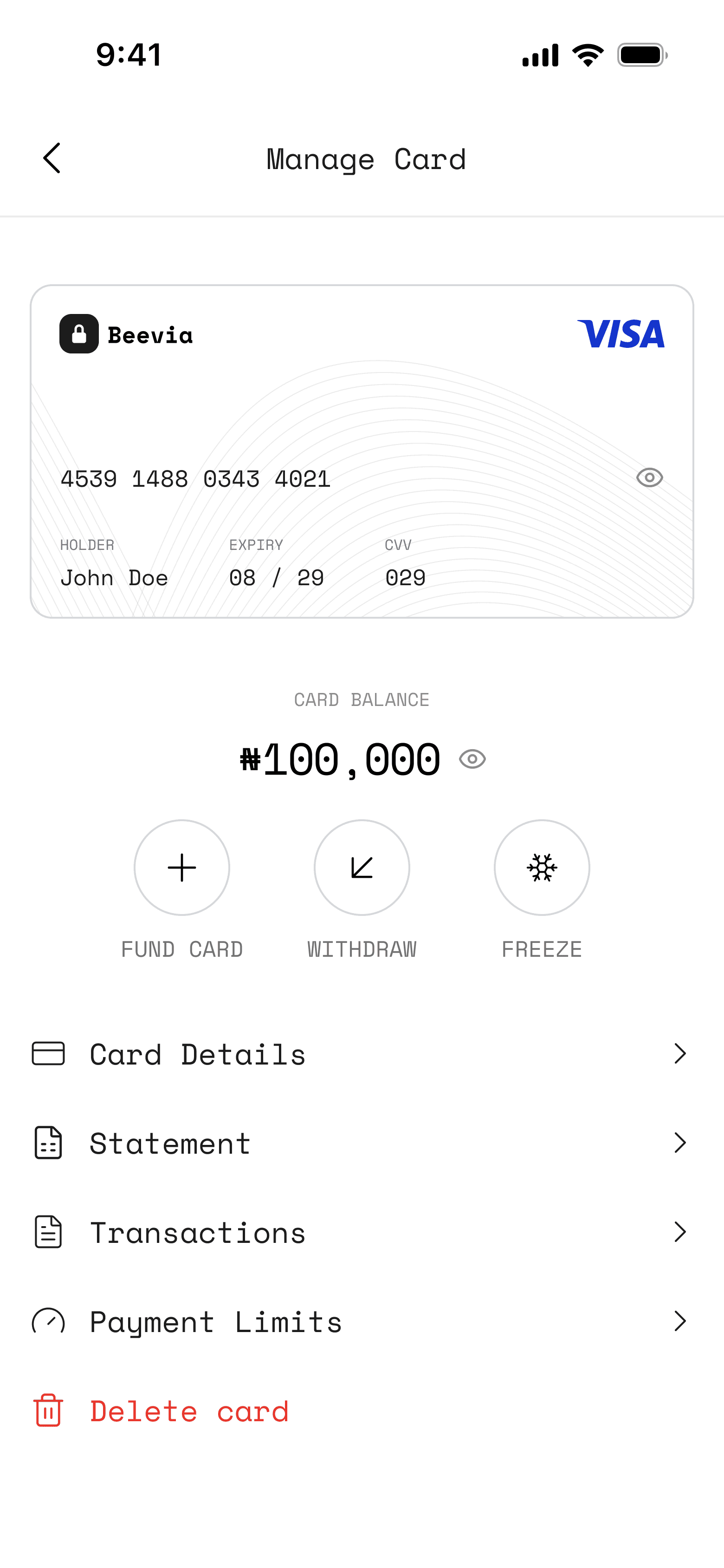 Beevia virtual card management screen